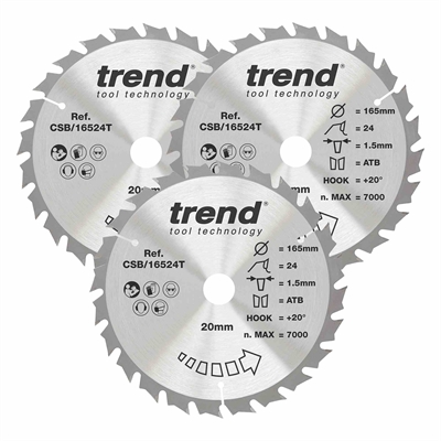 CSB/165/3PK/D - WOOD SAWBLADE 165X20X24T,3PK